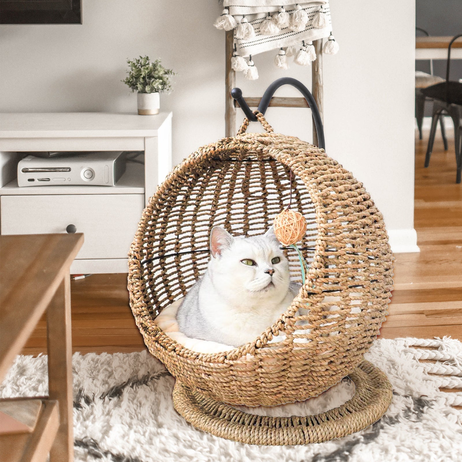 Oehid Hand Made Wicker Cat Bed Basket Swinging Pet House Nest for Small Dog Cat with Cushion