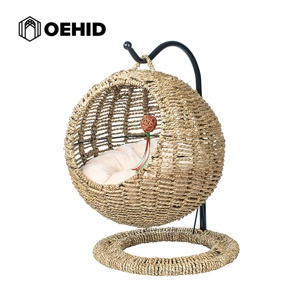 Oehid Hand Made Wicker Cat Bed Basket Swinging Pet House Nest for Small Dog Cat with Cushion -1 pcs