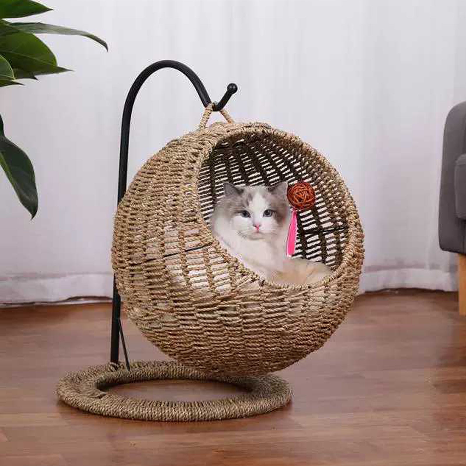 Oehid Hand Made Wicker Cat Bed Basket Swinging Pet House Nest for Small Dog Cat with Cushion