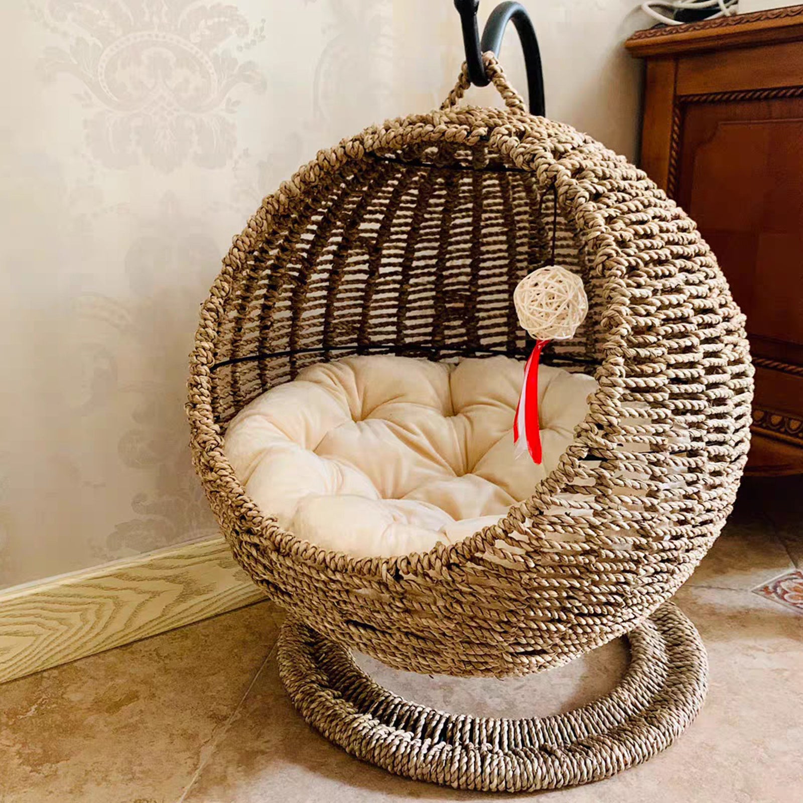 Oehid Hand Made Wicker Cat Bed Basket Swinging Pet House Nest for Small Dog Cat with Cushion