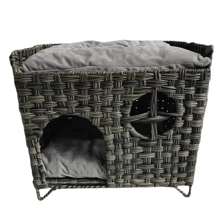 Oehid Foldable Hand-woven Cat House PE Rattan Cat Beds Cave Pet Cat Condo