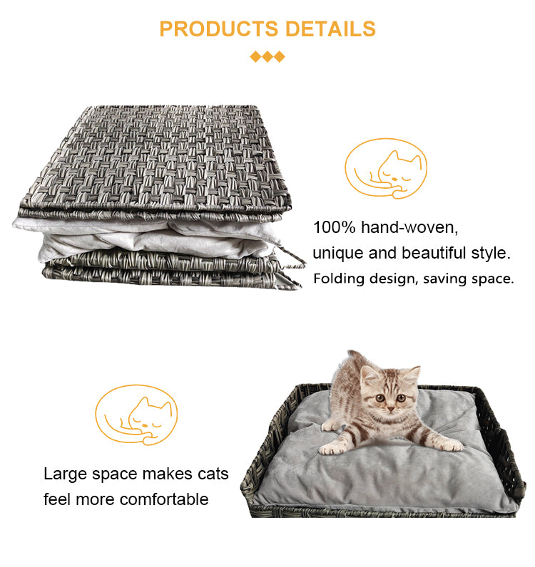 Oehid Foldable Hand-woven Cat House PE Rattan Cat Beds Cave Pet Cat Condo
