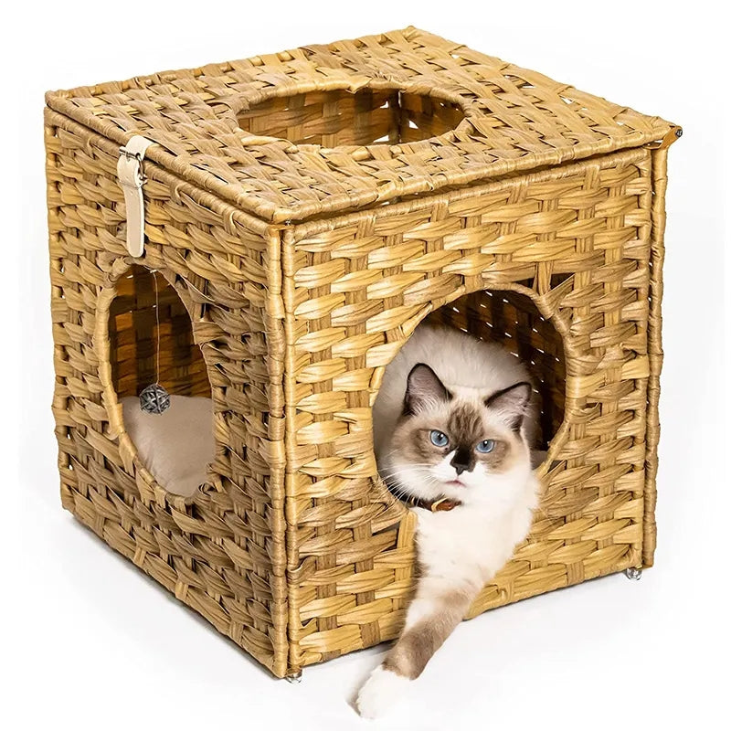 Oehid Hand-Woven Pet House Foldable Cats Tunnel Bed With Cushion