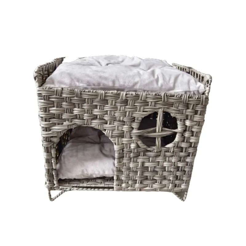 Oehid Foldable Hand-woven Cat House PE Rattan Cat Beds Cave Pet Cat Condo