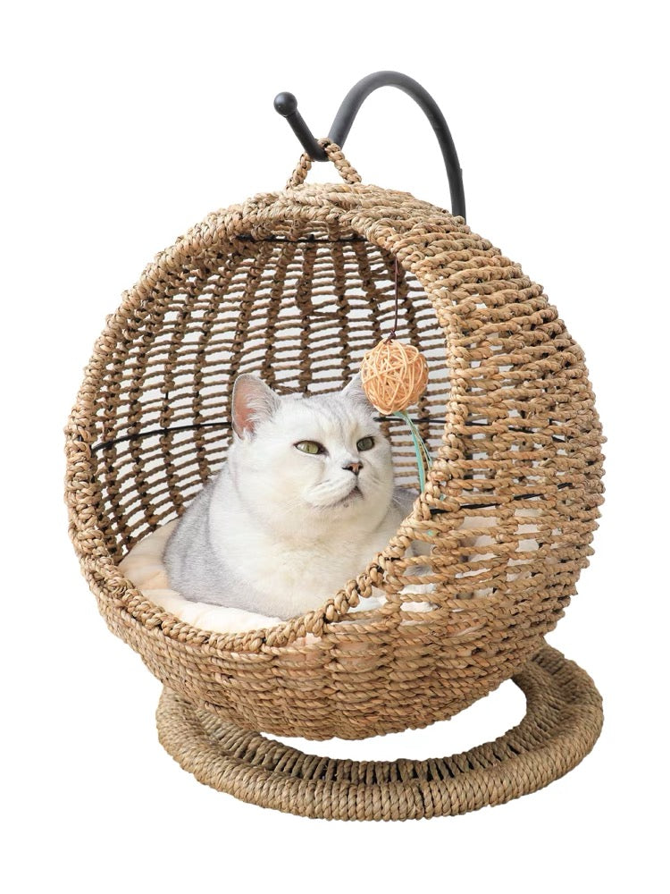 Oehid Hand Made Wicker Cat Bed Basket Swinging Pet House Nest for Small Dog Cat with Cushion