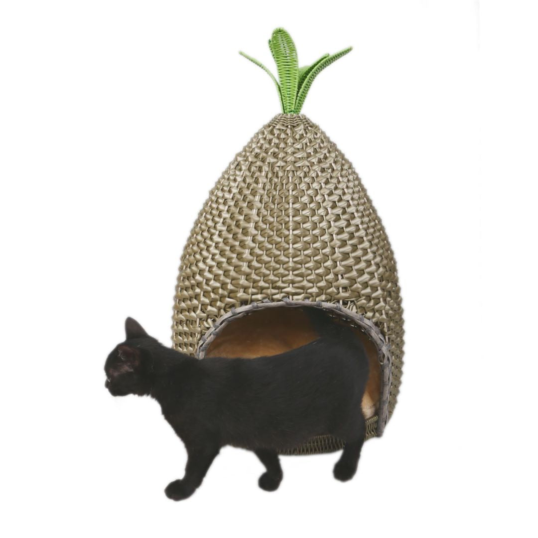 Oehid Hand Made Rattan Round pet Bed Pineapple Shaped Cat Bed House