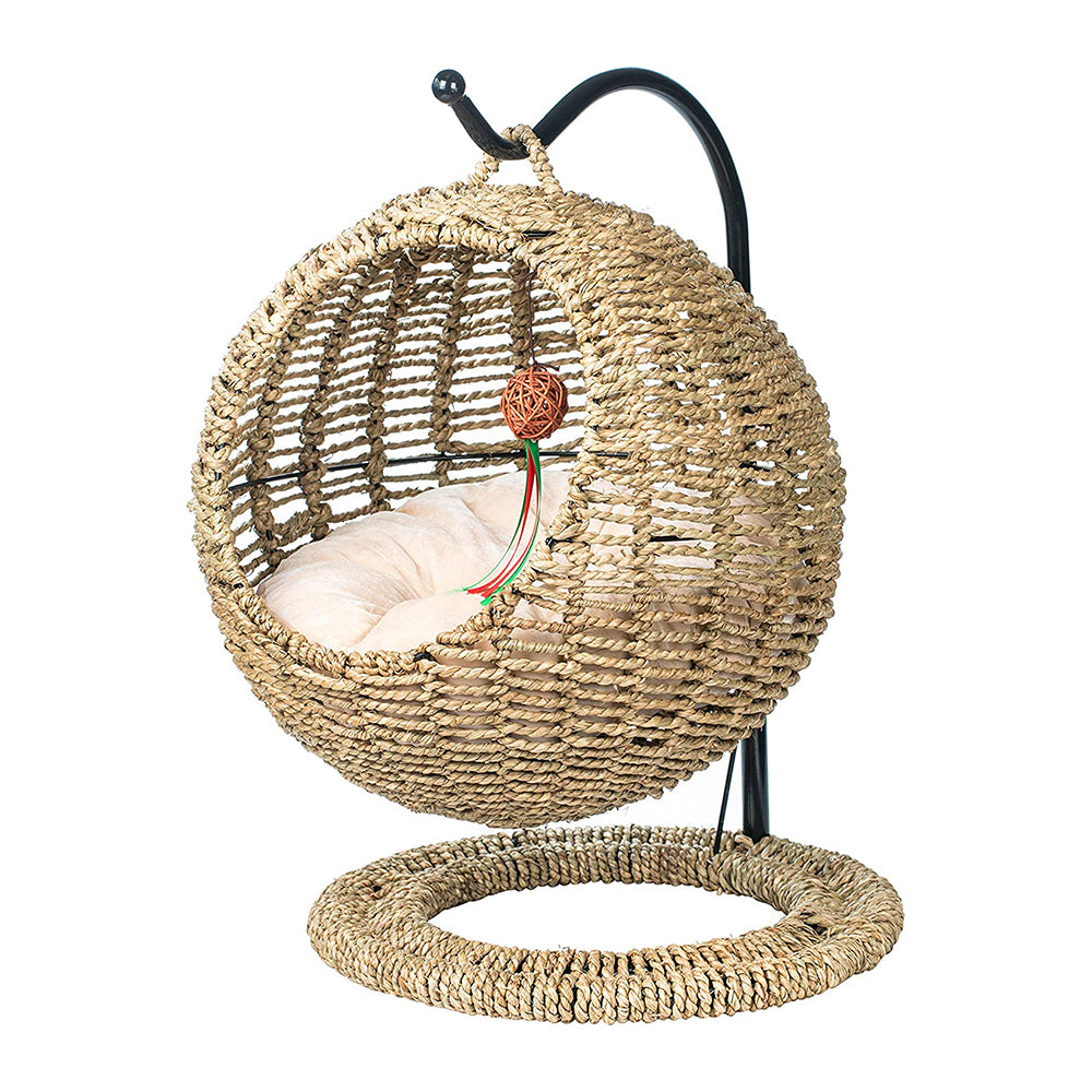 Oehid Hand Made Wicker Cat Bed Basket Swinging Pet House Nest for Small Dog Cat with Cushion