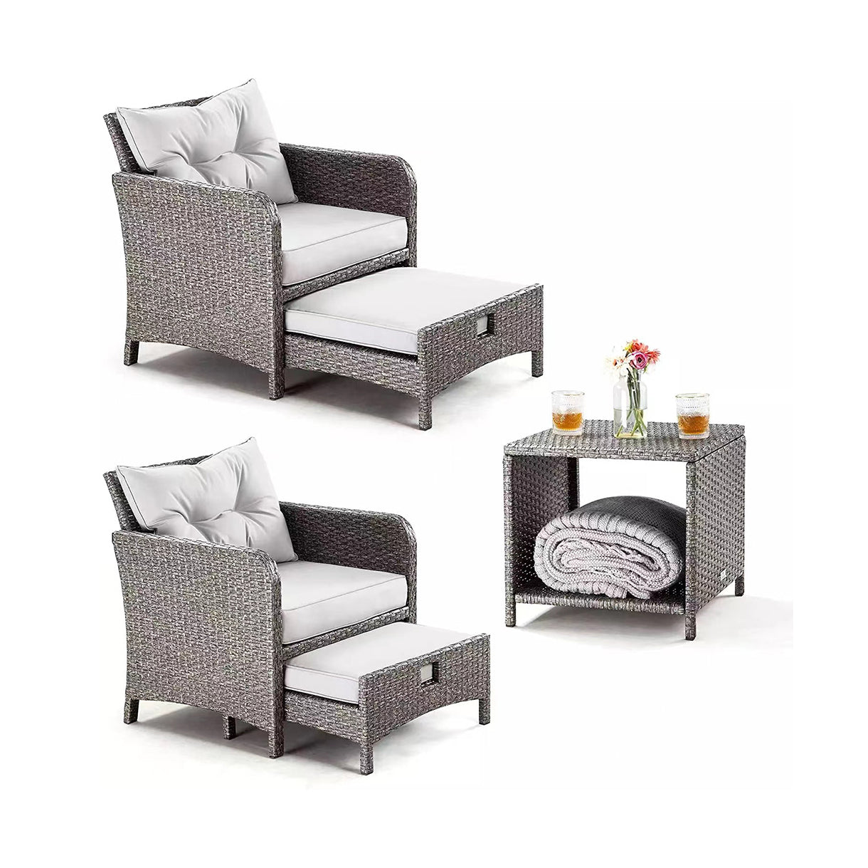 Oehid 3 Pieces Patio Rattan Sofa Chair Sets with Coffee Table and Ottoman Stool