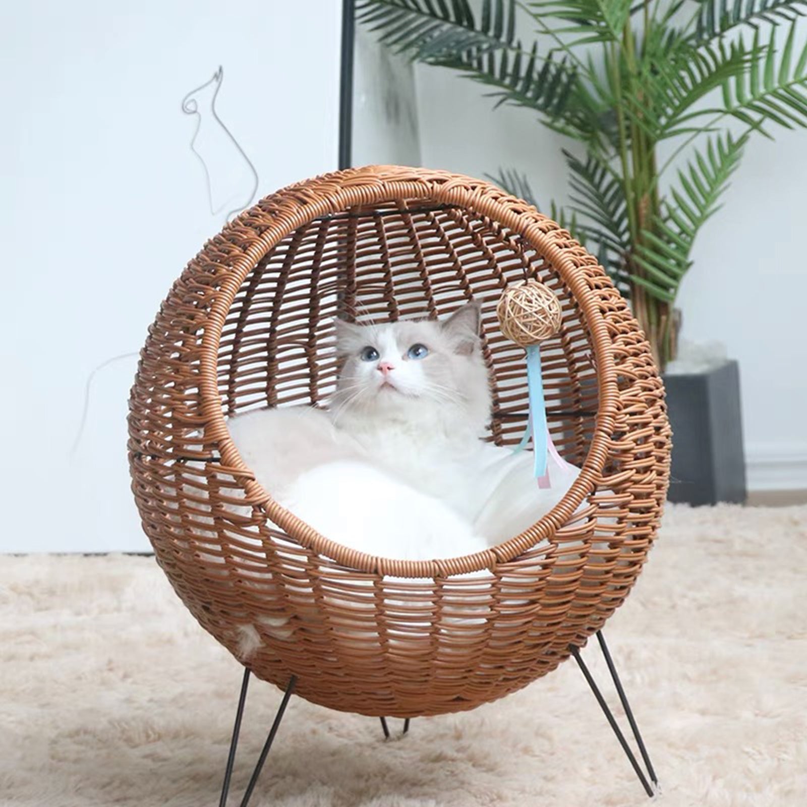 Oehid 20.5" Rattan Cat Bed Elevated Wicker Kitten House Round Condo with Cushion