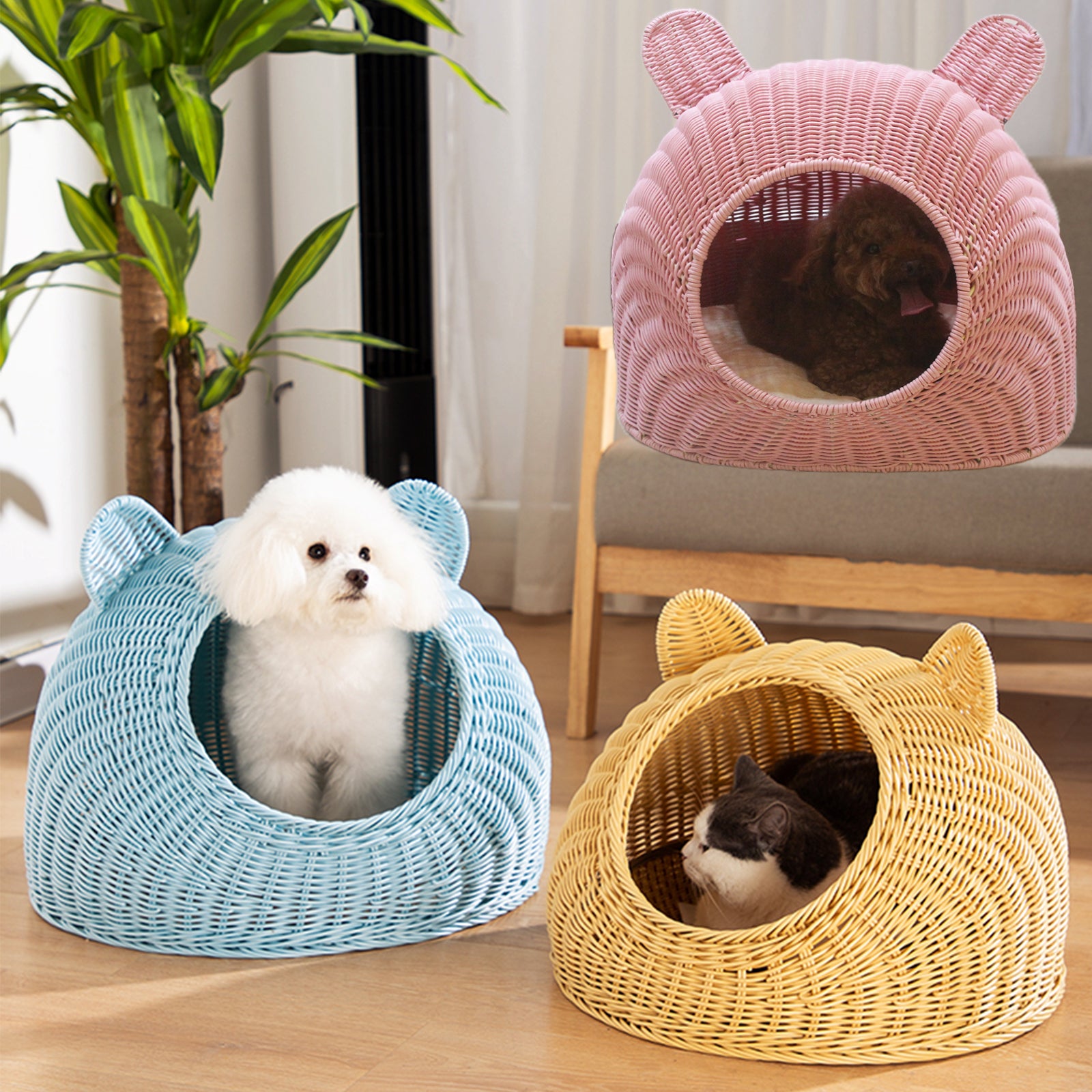 Oehid Wicker Cat Bed Breathable Semi-closed Indoor Sleeping Bed