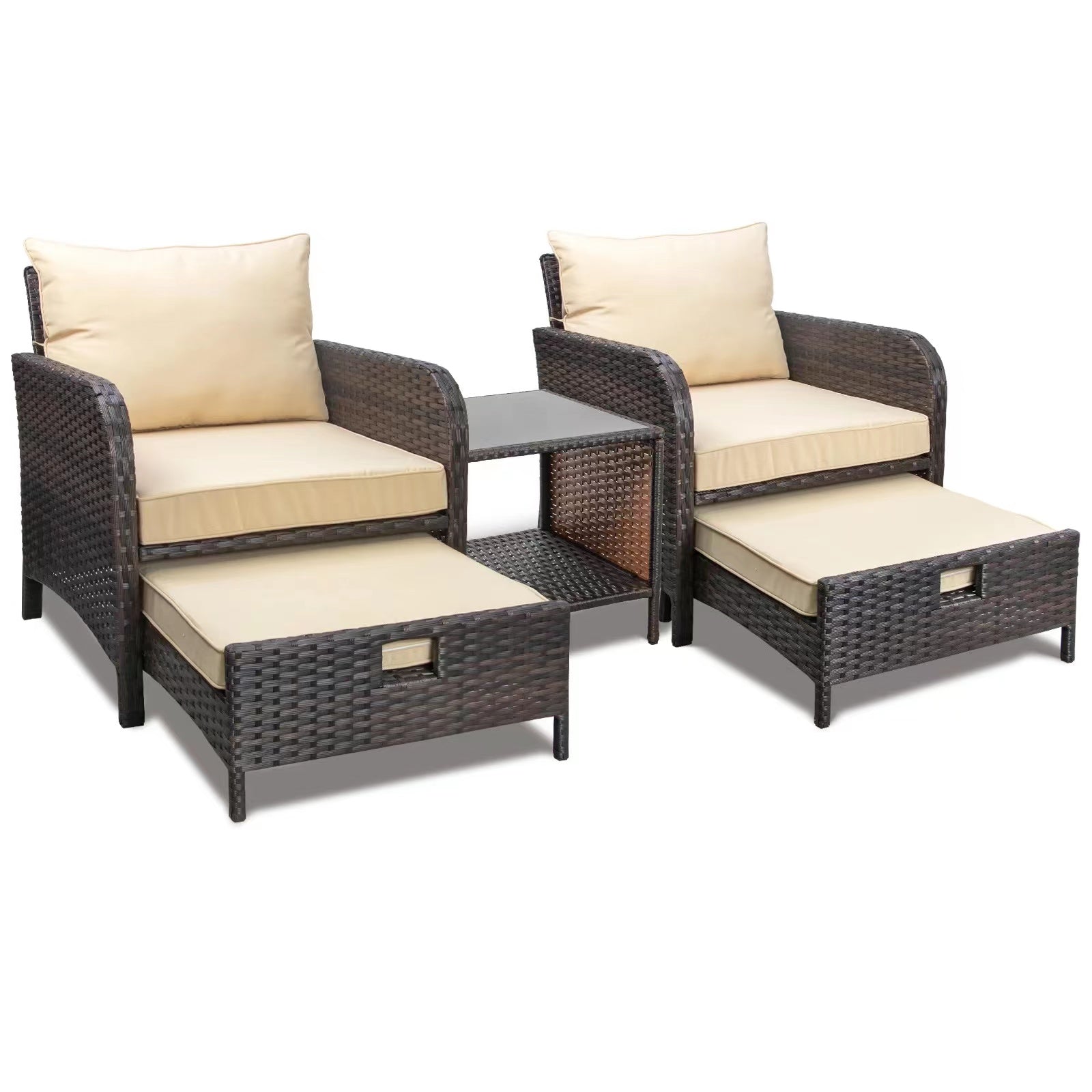 Oehid 3 Pieces Patio Rattan Sofa Chair Sets with Coffee Table and Ottoman Stool