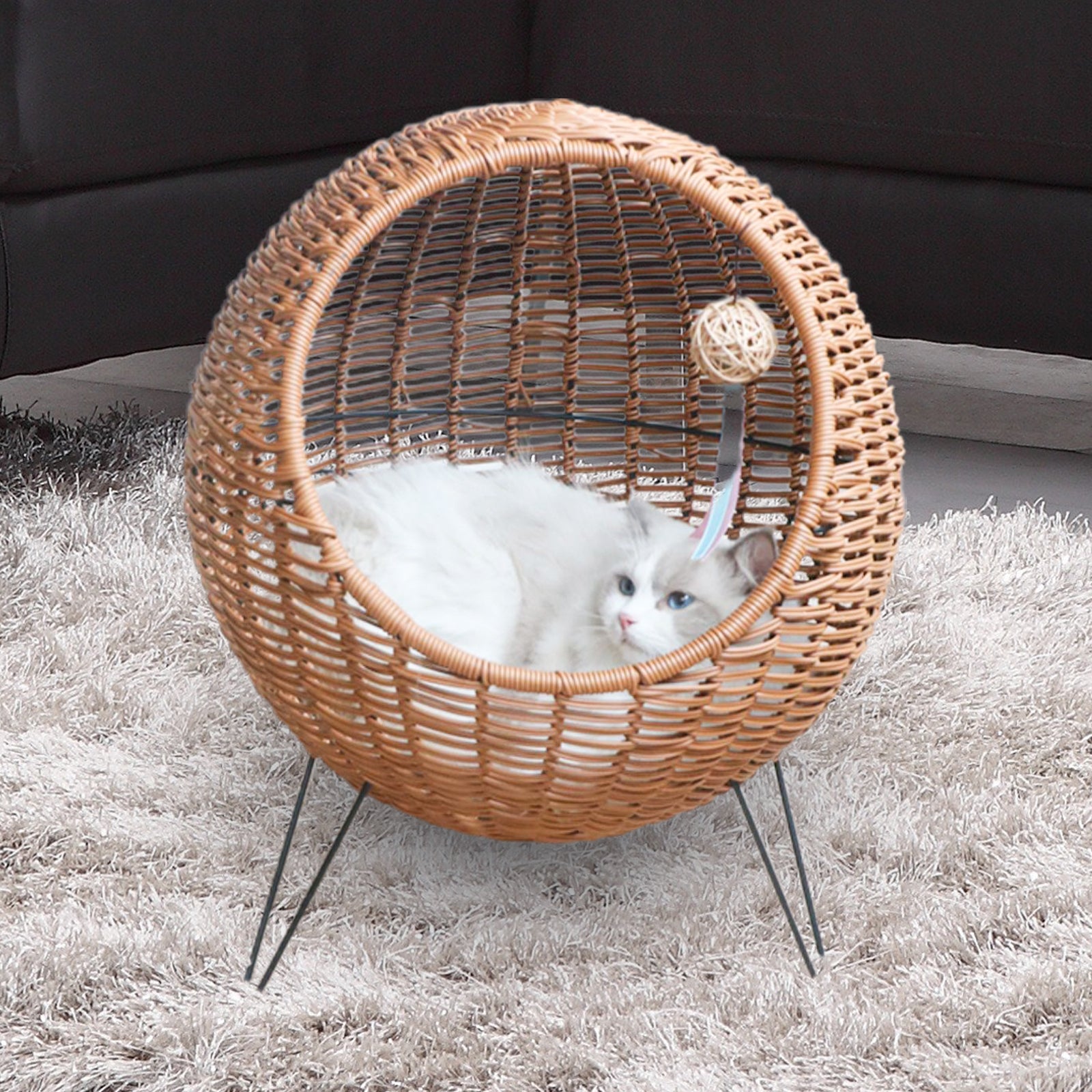 Oehid 20.5" Rattan Cat Bed Elevated Wicker Kitten House Round Condo with Cushion