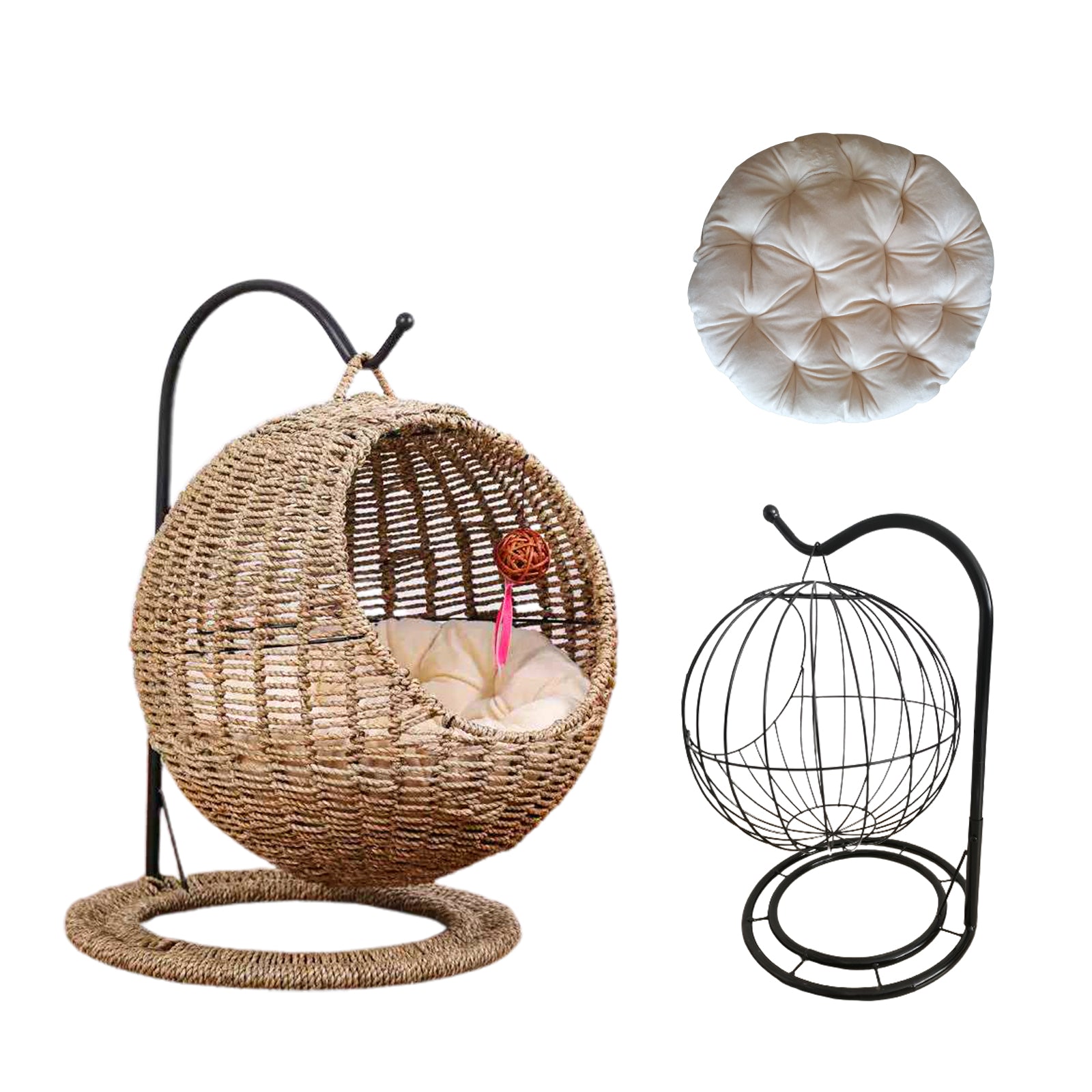 Oehid Hand Made Wicker Cat Bed Basket Swinging Pet House Nest for Small Dog Cat with Cushion