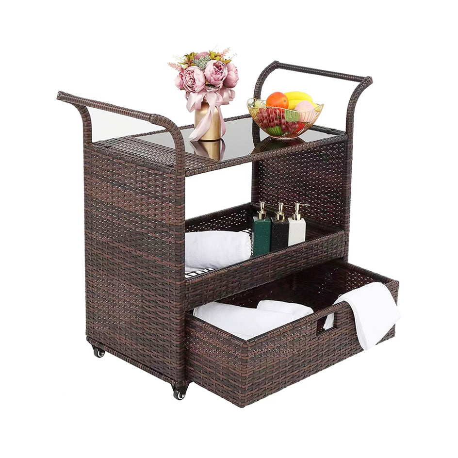 Oehid Outdoor Rolling Rattan Trolley Cart With Shelves Wicker Bar Table Cart