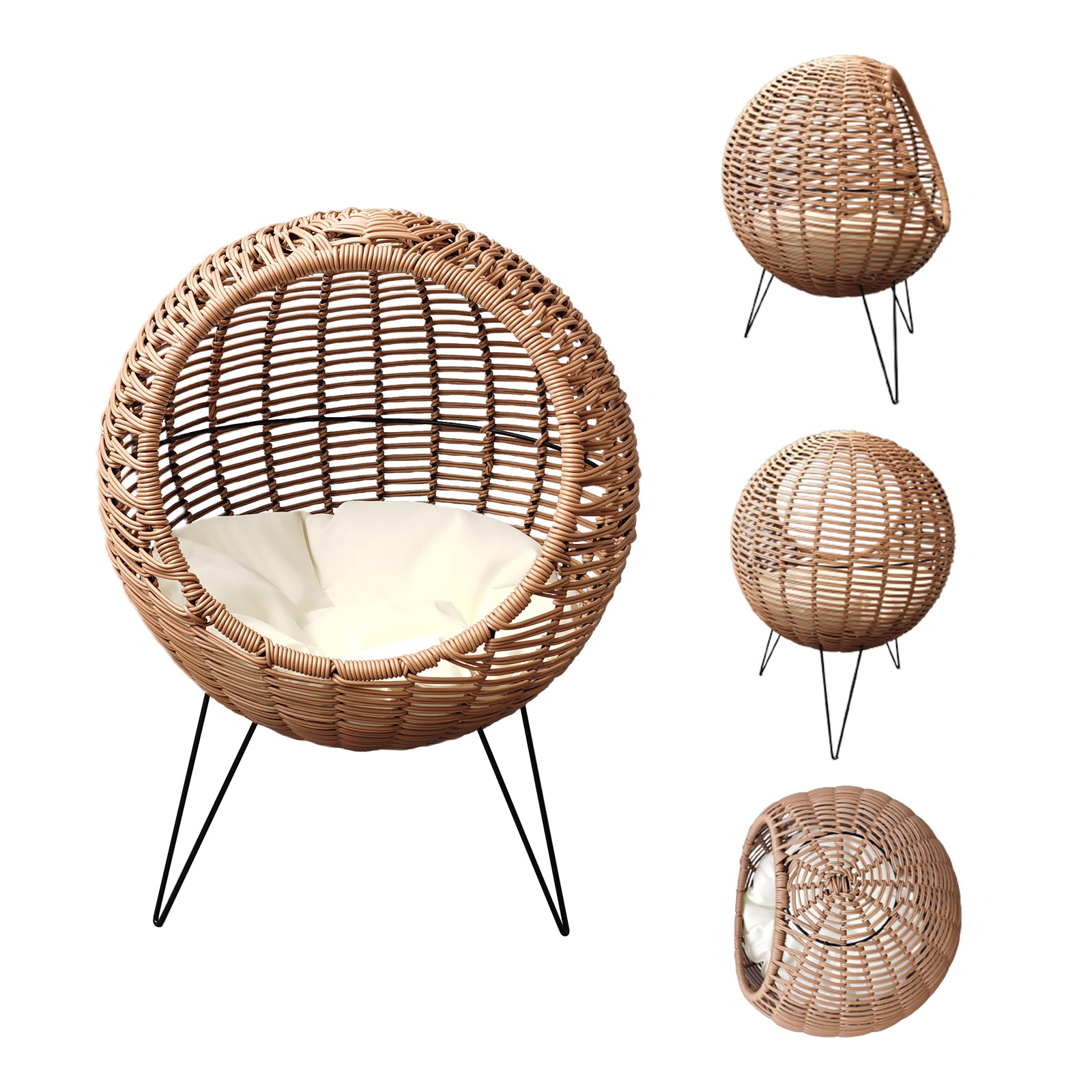 Oehid 20.5" Rattan Cat Bed Elevated Wicker Kitten House Round Condo with Cushion