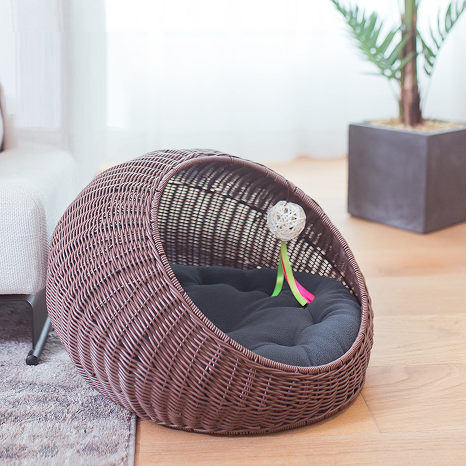 Oehid Semi-Closed Rattan Cat Bed Woven Large Nest with Removable Cushion