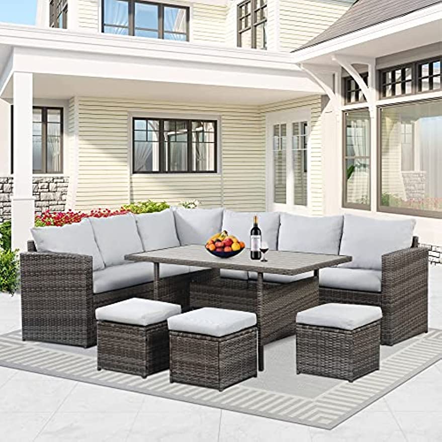 Oehid 7 Pieces Outdoor Patio Rattan Sectional Sofa Set with Ottoman Cushion