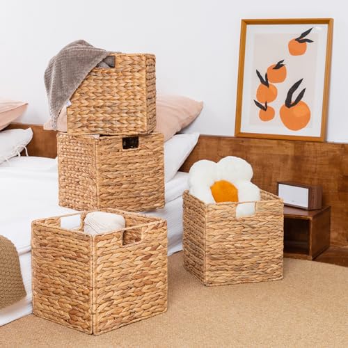 12inch Wicker Storage Cubes Water Hyacinth Storage Baskets with Handles 2 Pack/4 Pack