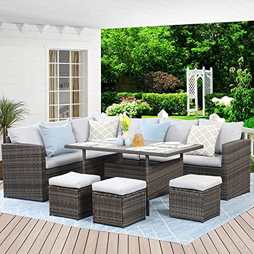 Oehid 7 Pieces Outdoor Patio Rattan Sectional Sofa Set with Ottoman Cushion