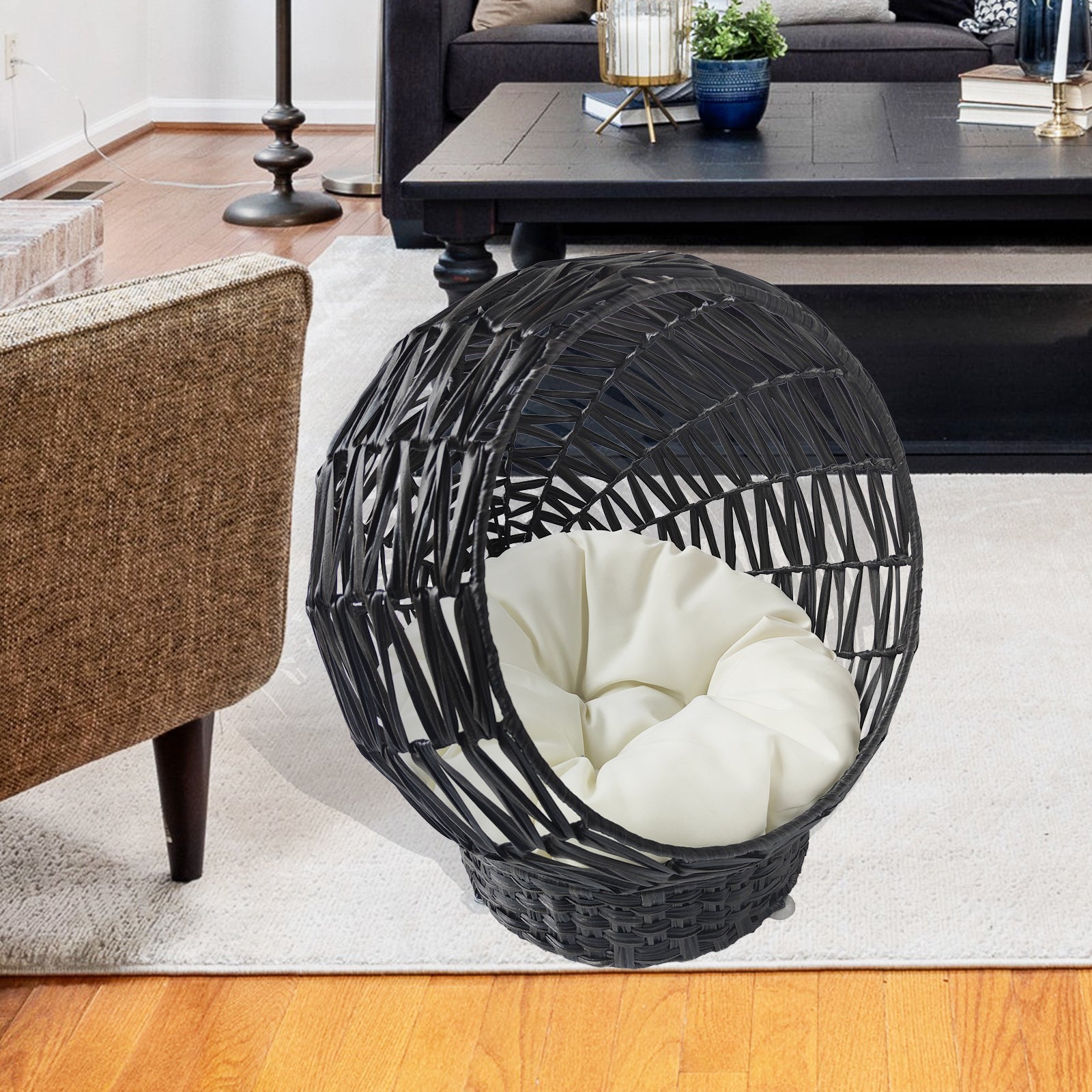 Oehid Rattan Cat Bed Semi-Closed round Cat Net with Removable Cushion