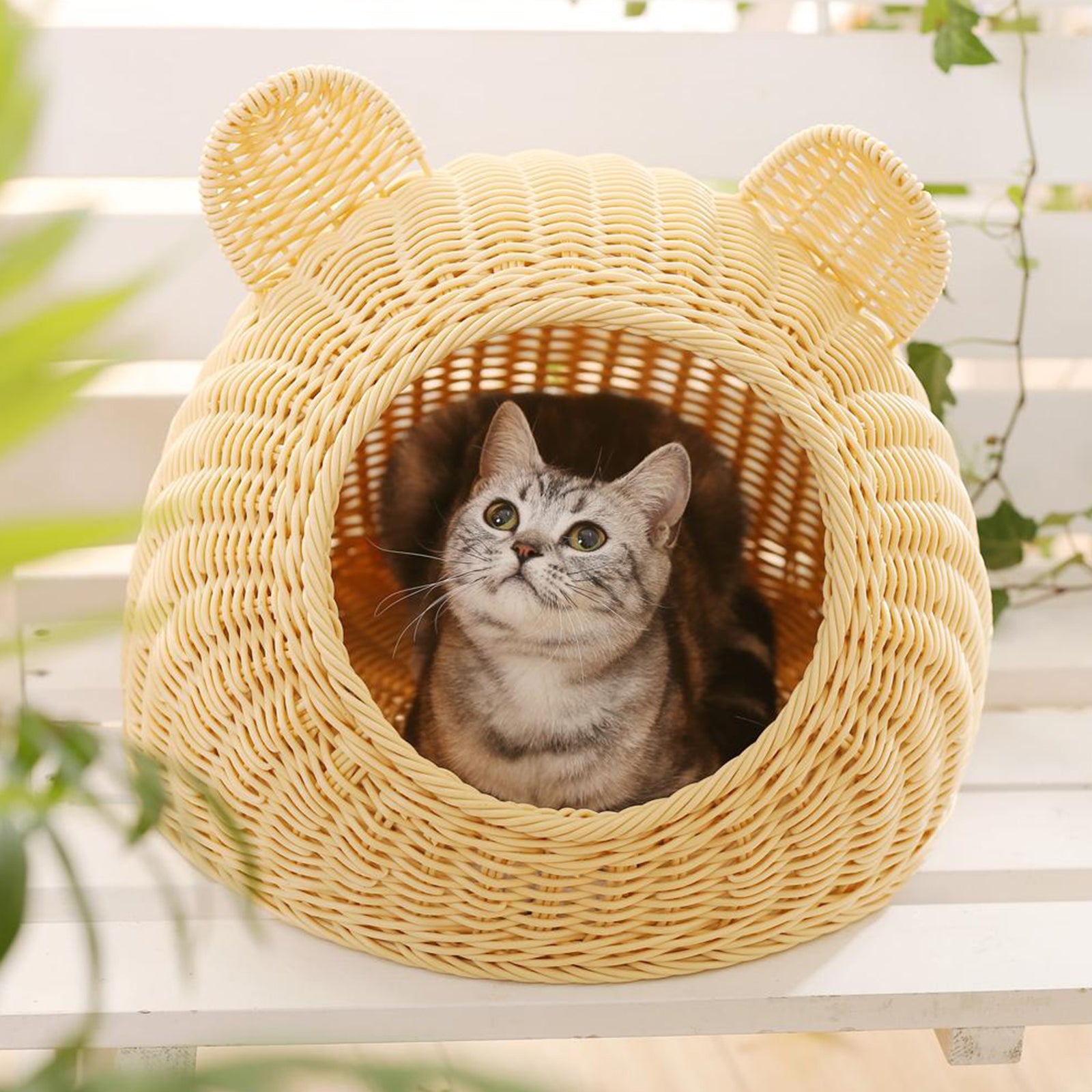 Oehid Wicker Cat Bed Breathable Semi-closed Indoor Sleeping Bed