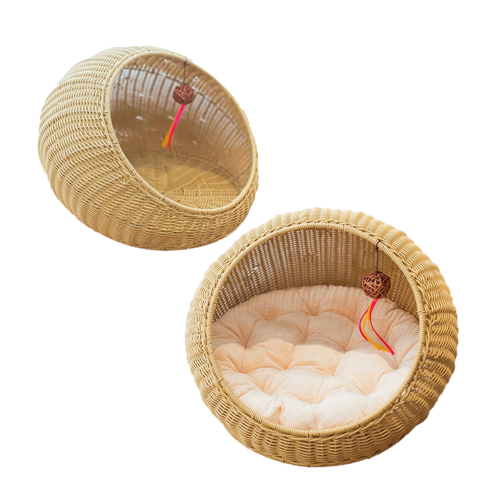 Oehid Semi-Closed Rattan Cat Bed Woven Large Nest with Removable Cushion