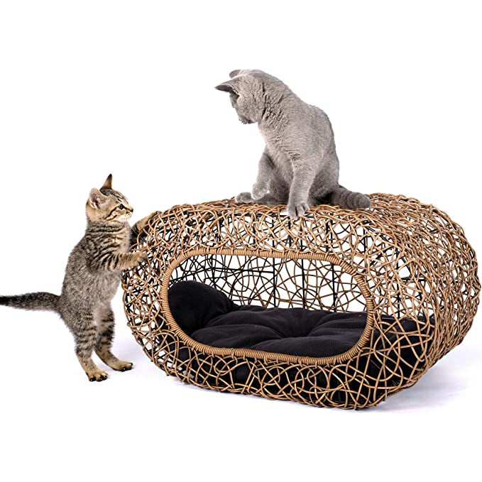 Oehid Rattan Cat Bed Stackable Cat Condo Friendly Front/Rear Entry House