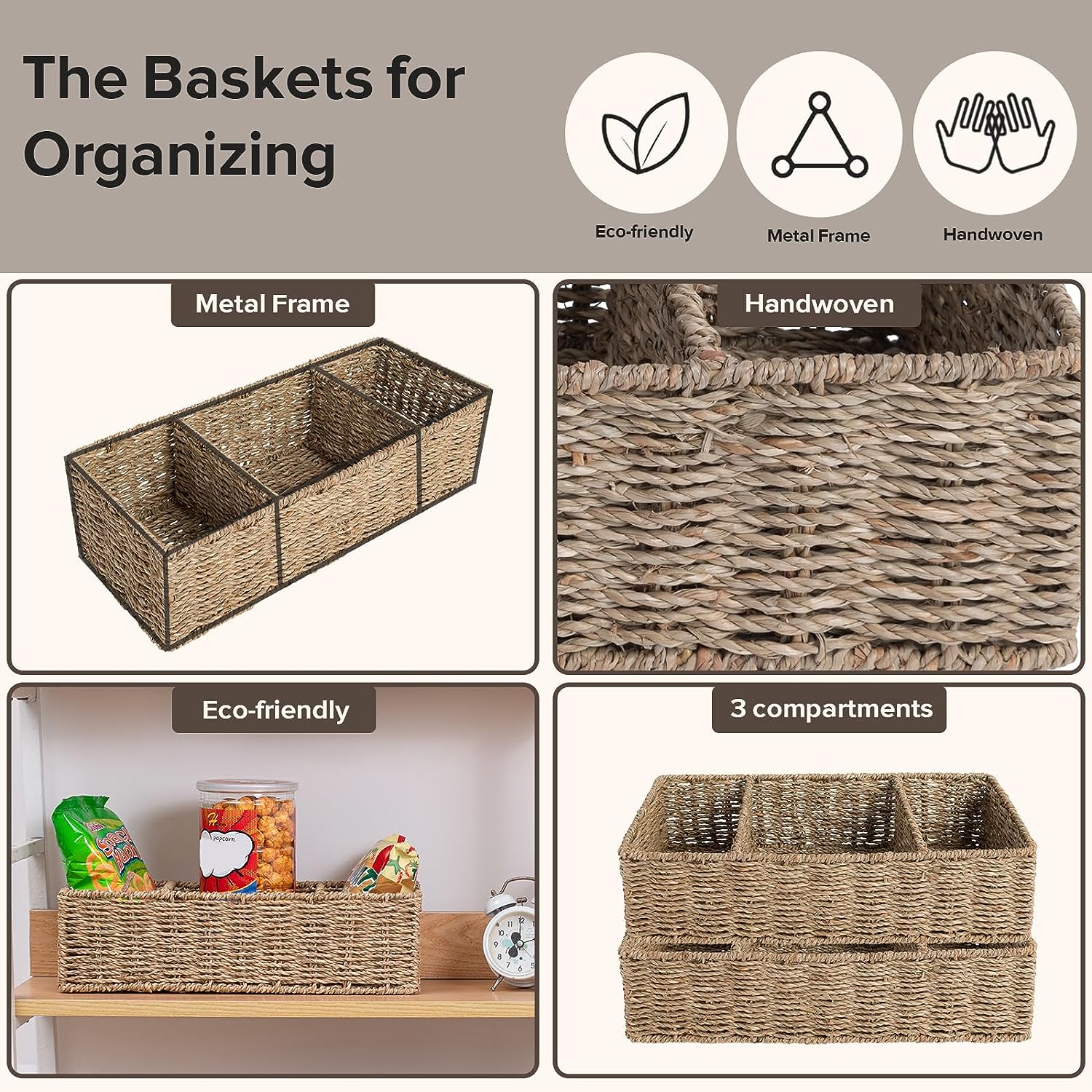 OEHID 3 Sections of Seaweed Wiker Storage Basket