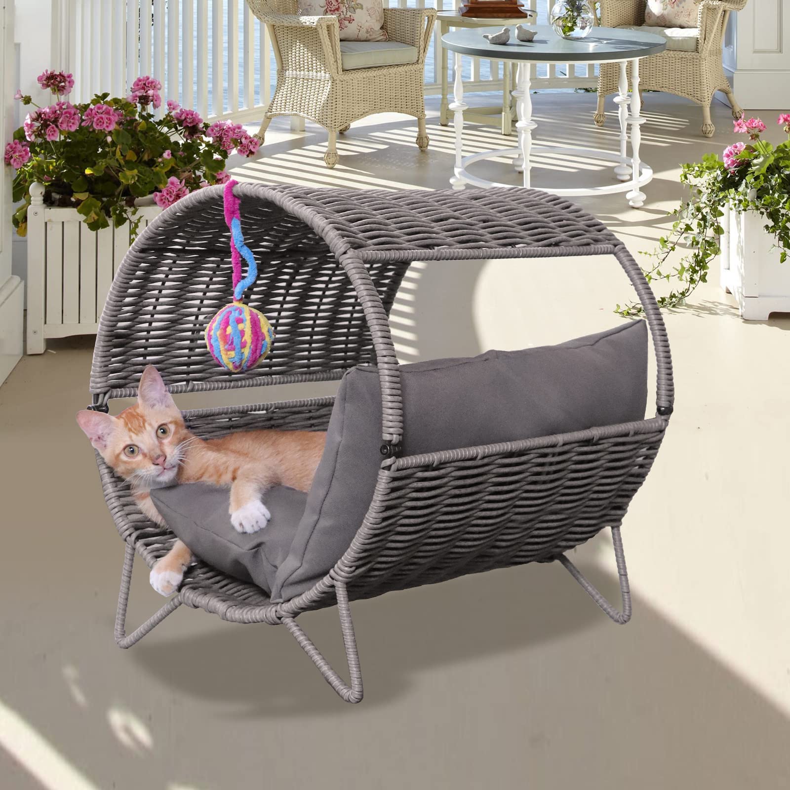 Oehid PE Rattan Wicker Cat Bed, Washable Cat House with Removable Soft Mat, Pet House for Small Dog Cat, All Season Use