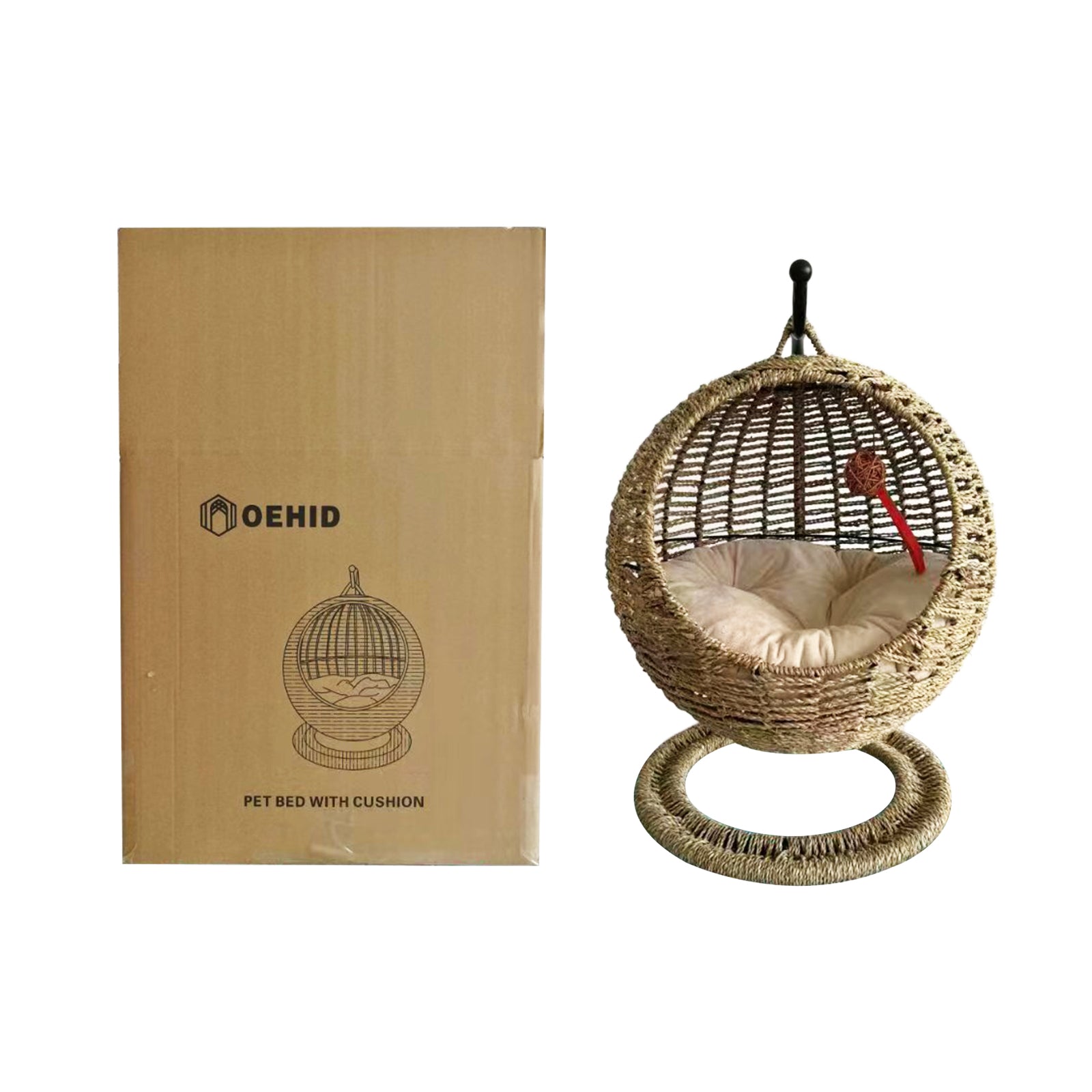 Oehid Hand Made Wicker Cat Bed Basket Swinging Pet House Nest for Small Dog Cat with Cushion -1 pcs