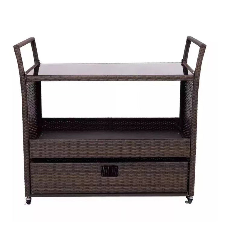 Oehid Outdoor Rolling Rattan Trolley Cart With Shelves Wicker Bar Table Cart