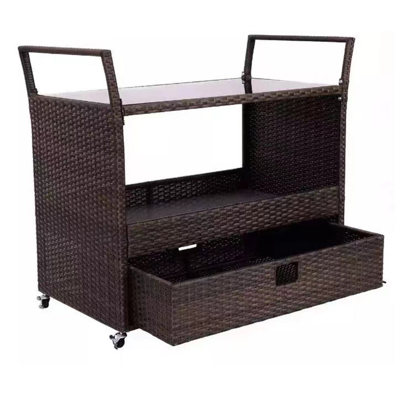 Oehid Outdoor Rolling Rattan Trolley Cart With Shelves Wicker Bar Table Cart