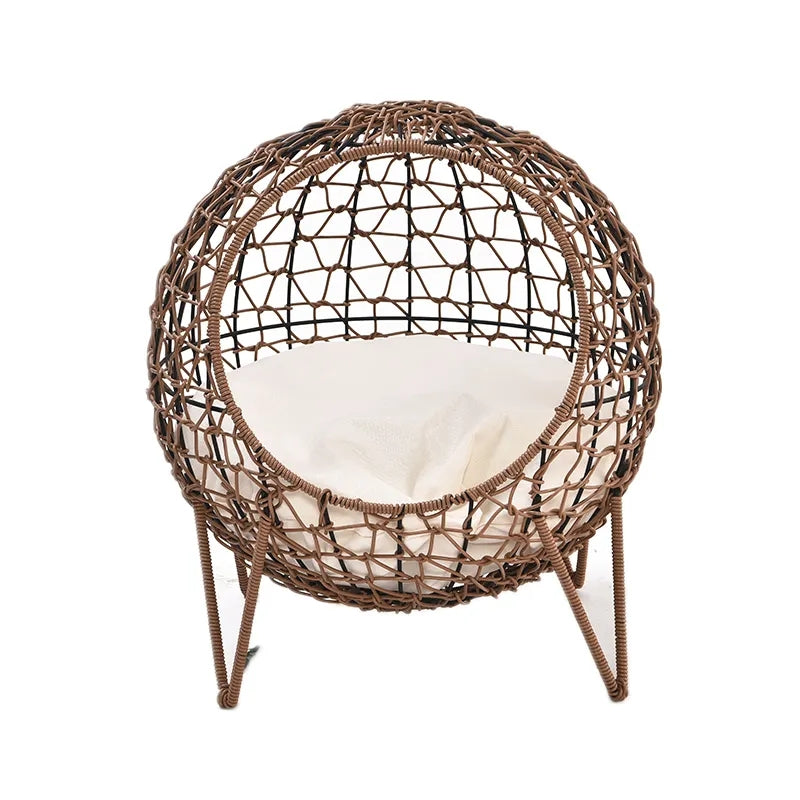 Oehid Elevated Wicker Cat Cave Nest Kitten House Rattan Round Condo