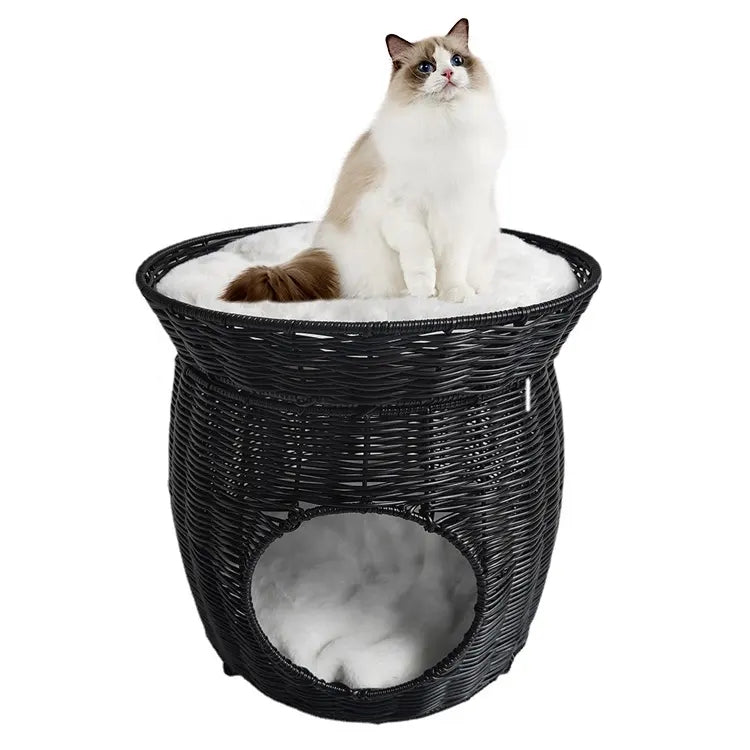 Oehid Handmade Wicker Round Pet Cat Bed Cage Bunk Cat House With Cushion