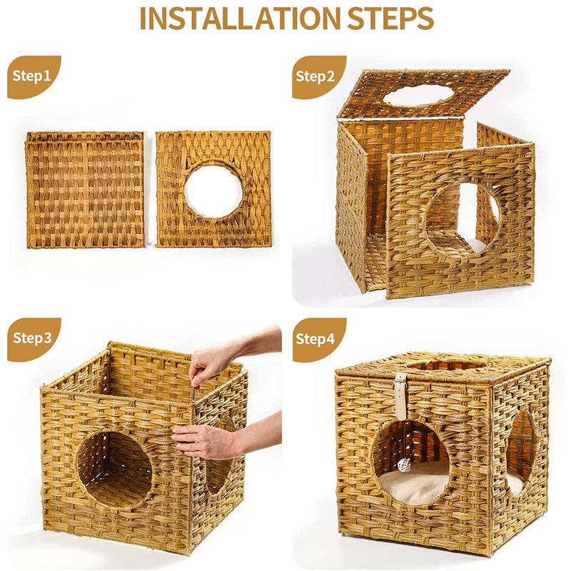 Oehid Hand-Woven Pet House Foldable Cats Tunnel Bed With Cushion