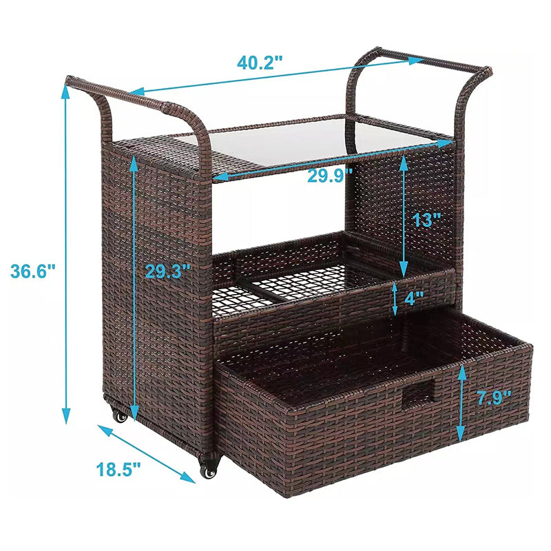 Oehid Outdoor Rolling Rattan Trolley Cart With Shelves Wicker Bar Table Cart