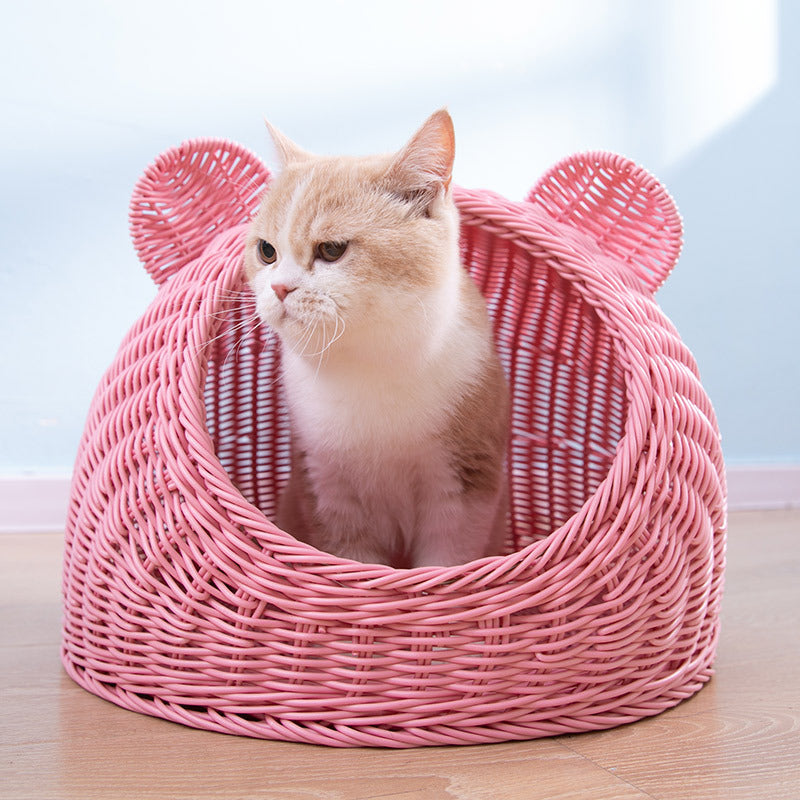 Oehid Wicker Cat Bed Breathable Semi-closed Indoor Sleeping Bed