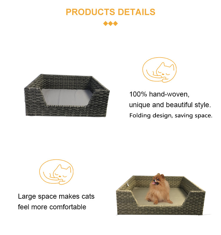 Oehid 3 Peices Outdoor Rattan Dog House Square Pet Bed with Soft Cushion