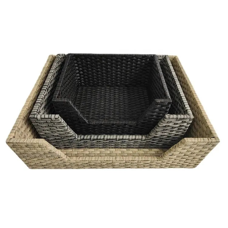 Oehid 3 Peices Outdoor Rattan Dog House Square Pet Bed with Soft Cushion