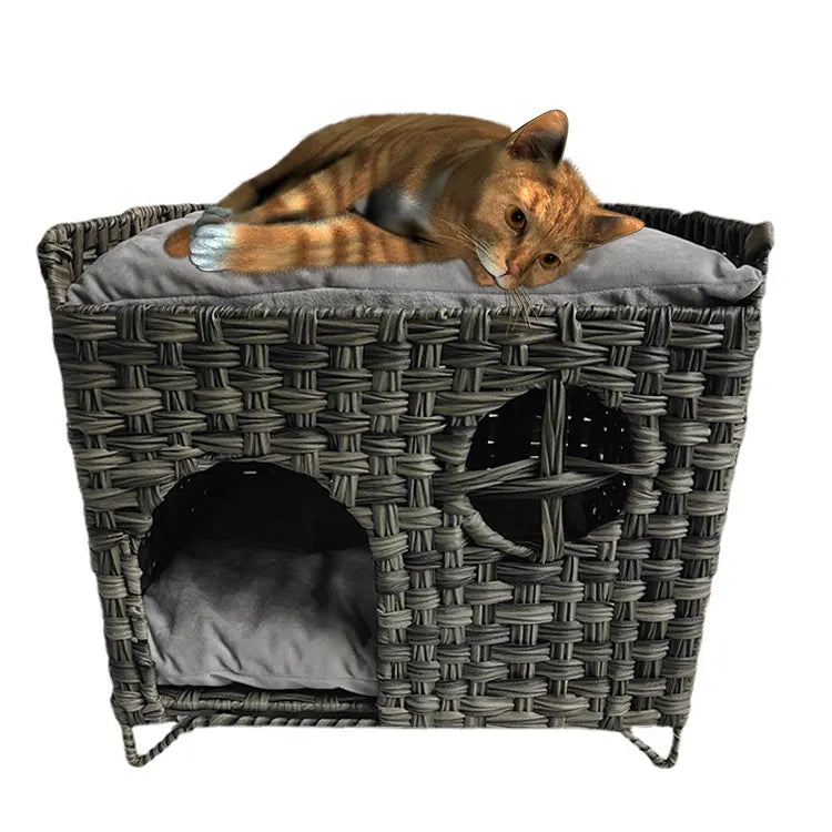 Oehid Foldable Hand-woven Cat House PE Rattan Cat Beds Cave Pet Cat Condo