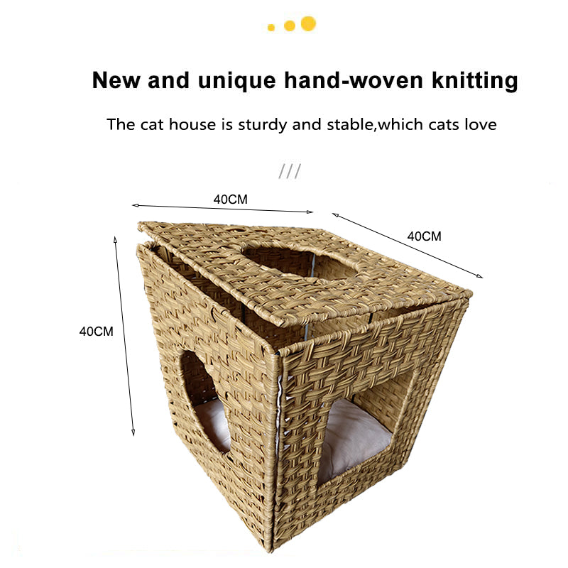 Oehid Hand-Woven Pet House Foldable Cats Tunnel Bed With Cushion