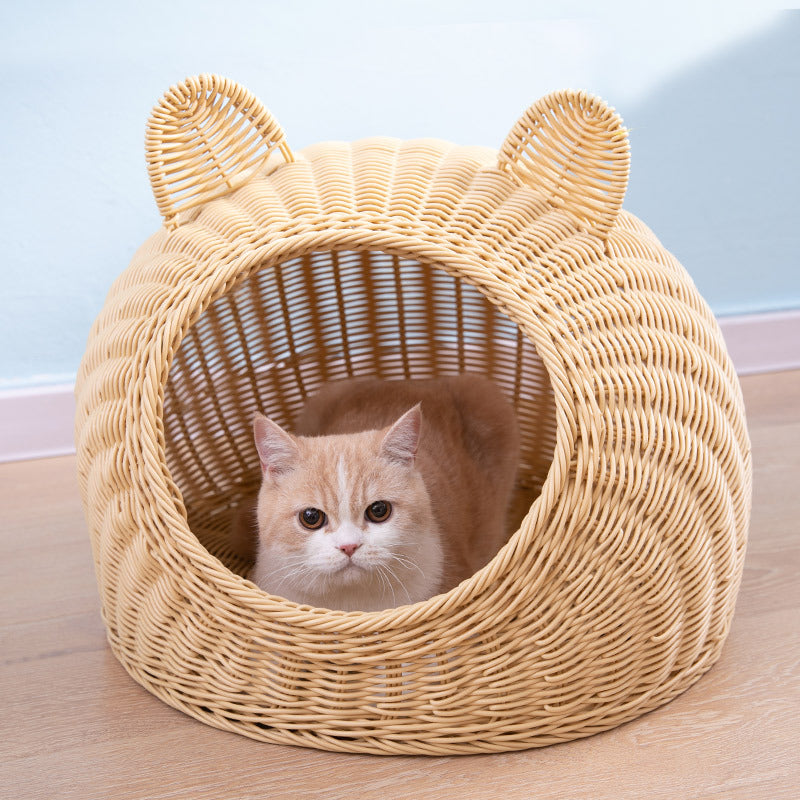 Oehid Wicker Cat Bed Breathable Semi-closed Indoor Sleeping Bed