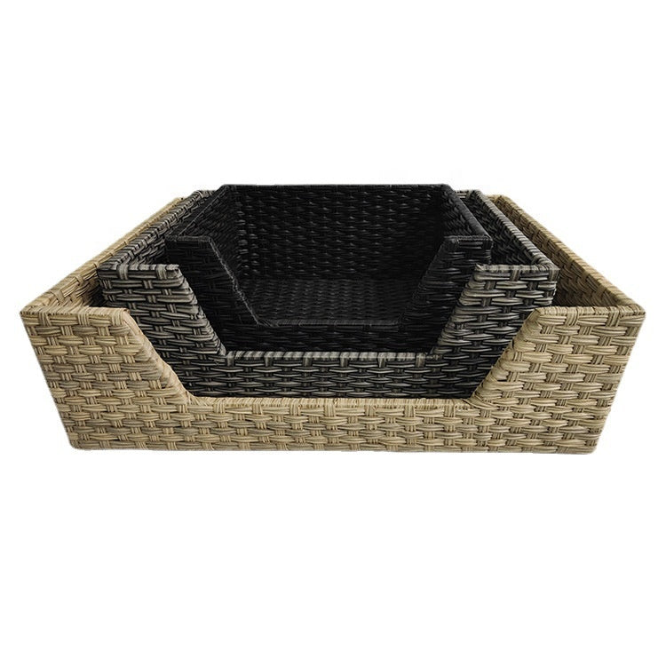 Oehid 3 Peices Outdoor Rattan Dog House Square Pet Bed with Soft Cushion