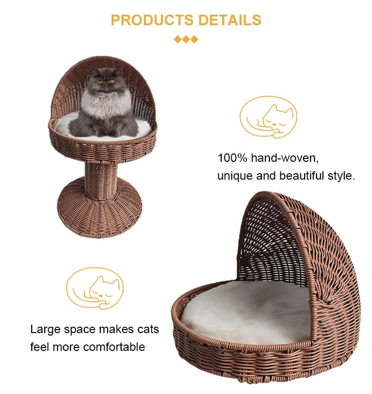 Oehid Rattan Wicker Elevated Cat Bed Standing Cat Sleeping Bed Cat Tree House