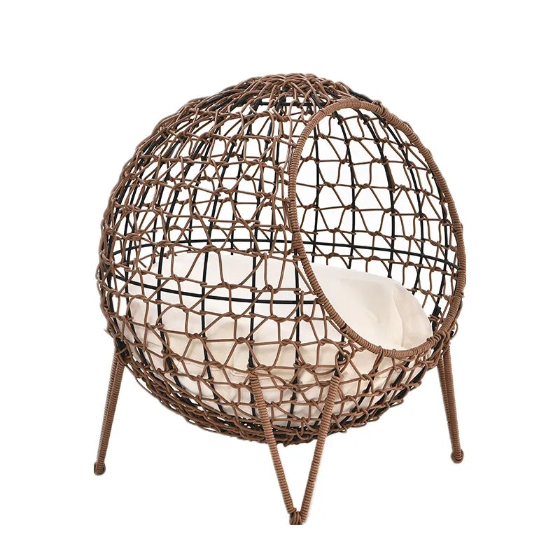 Oehid Elevated Wicker Cat Cave Nest Kitten House Rattan Round Condo