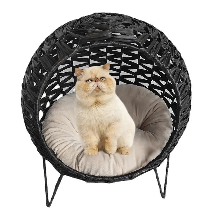 Oehid Elevated Wicker Cat Cave Nest Kitten House Rattan Round Condo