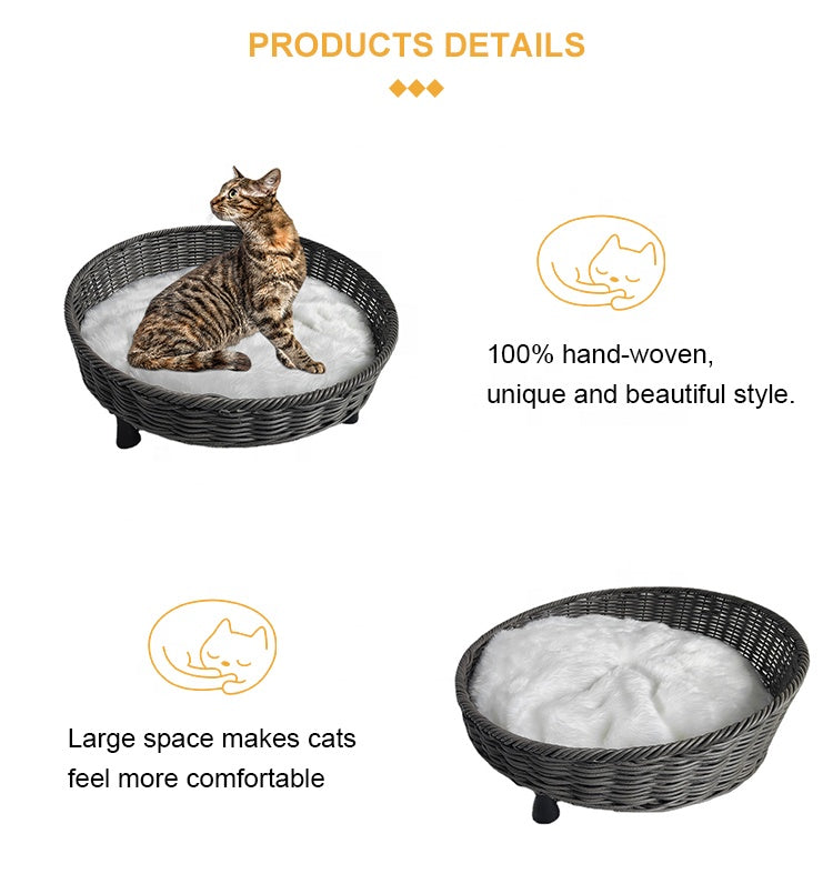 Oehid Round Rattan Pet Sleeping Bed Cat Dog Bed with Soft Cotton