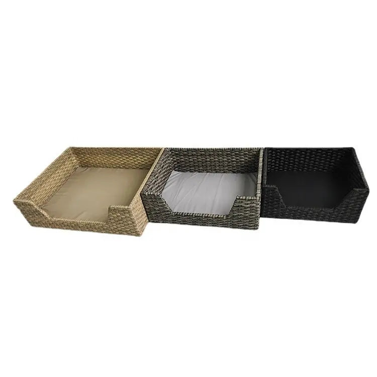 Oehid 3 Peices Outdoor Rattan Dog House Square Pet Bed with Soft Cushion