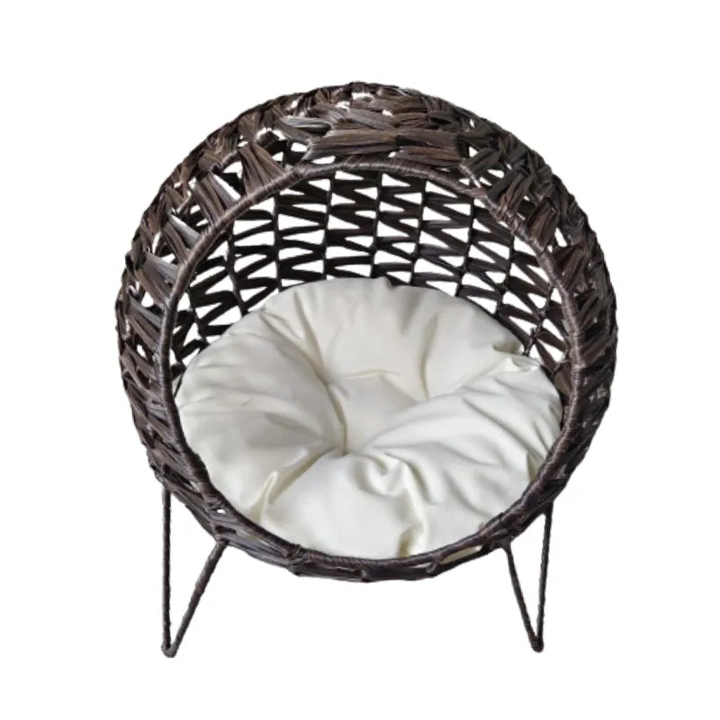 Oehid Elevated Wicker Cat Cave Nest Kitten House Rattan Round Condo