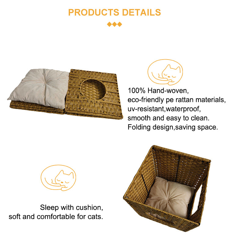 Oehid Hand-Woven Pet House Foldable Cats Tunnel Bed With Cushion